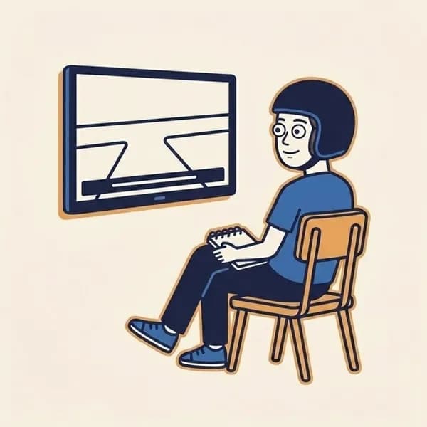 Mascot sitting in a classroom chair watching a wall TV with a road scene and a subtitle bar.