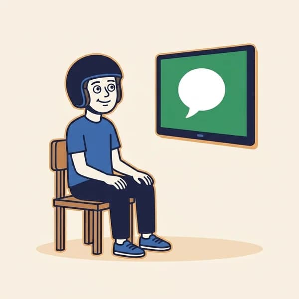 Mascot sitting in a smaller room watching a TV showing a single speech-bubble icon.