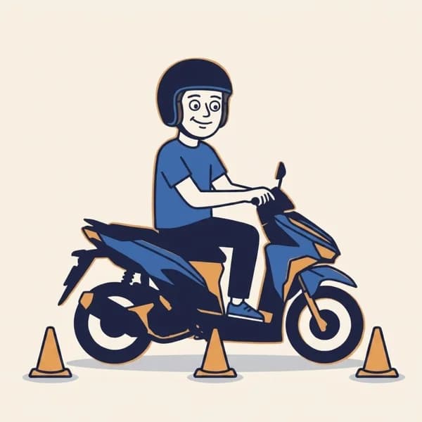 Mascot riding a navy scooter slowly through three orange traffic cones in a zigzag.