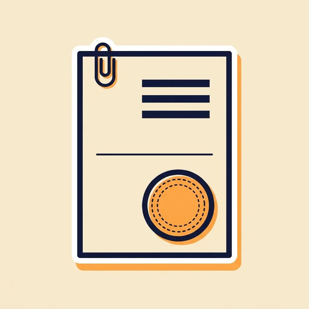 A4 paper sticker with a paperclip, three placeholder text bars, and a round warm-orange stamp in the corner.