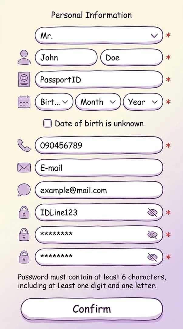 DLT app registration form for foreigners with passport number, name, date of birth, nationality, phone, and password fields.