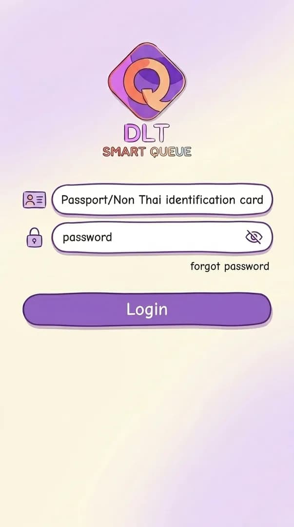 DLT app login screen with passport number and password fields filled and the 'Login' button visible.