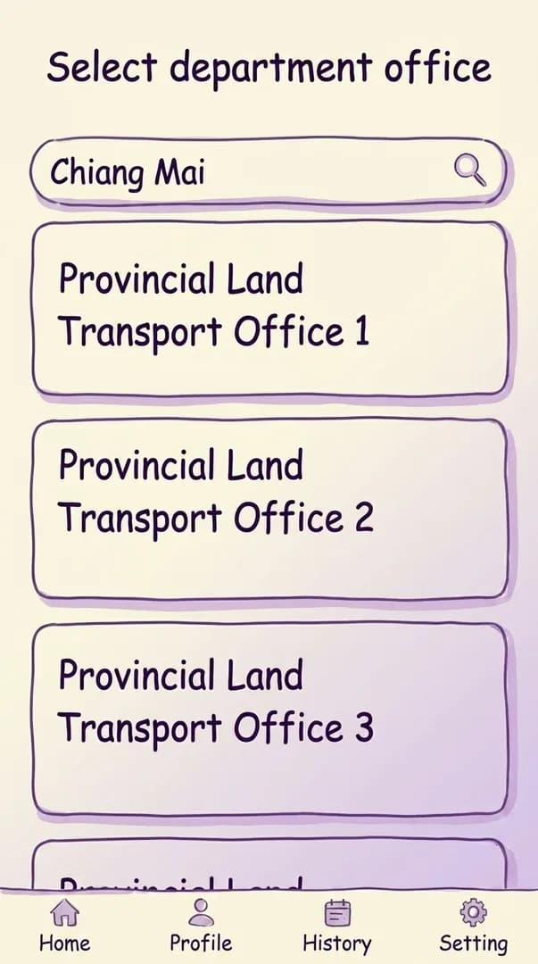DLT app branch search showing a province typed into the search bar and a list of candidate DLT offices below.