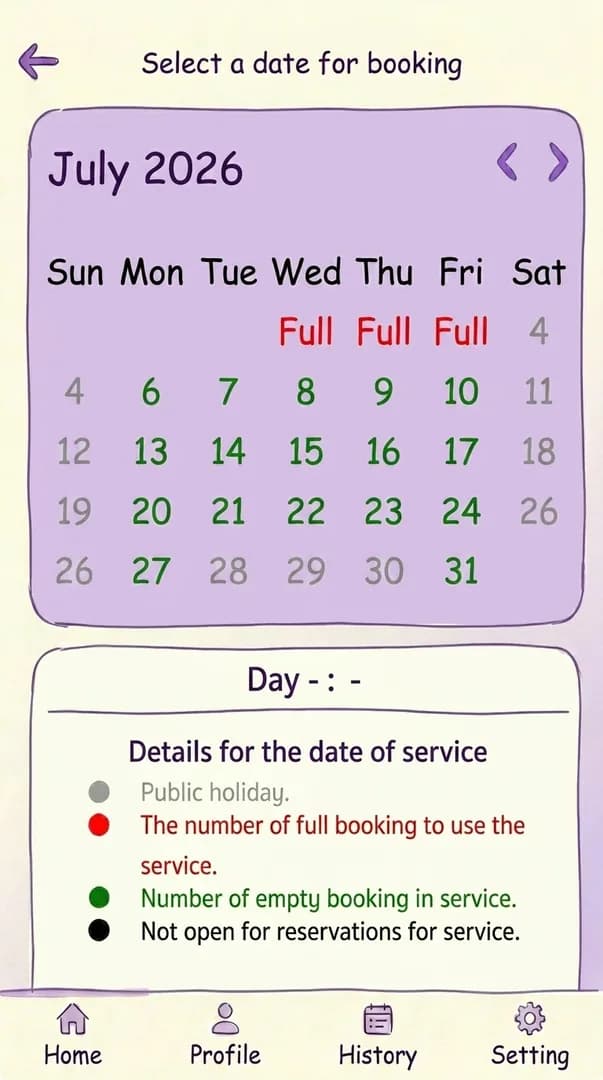 DLT app calendar view with a mix of green available days and red 'full' days, plus the legend.