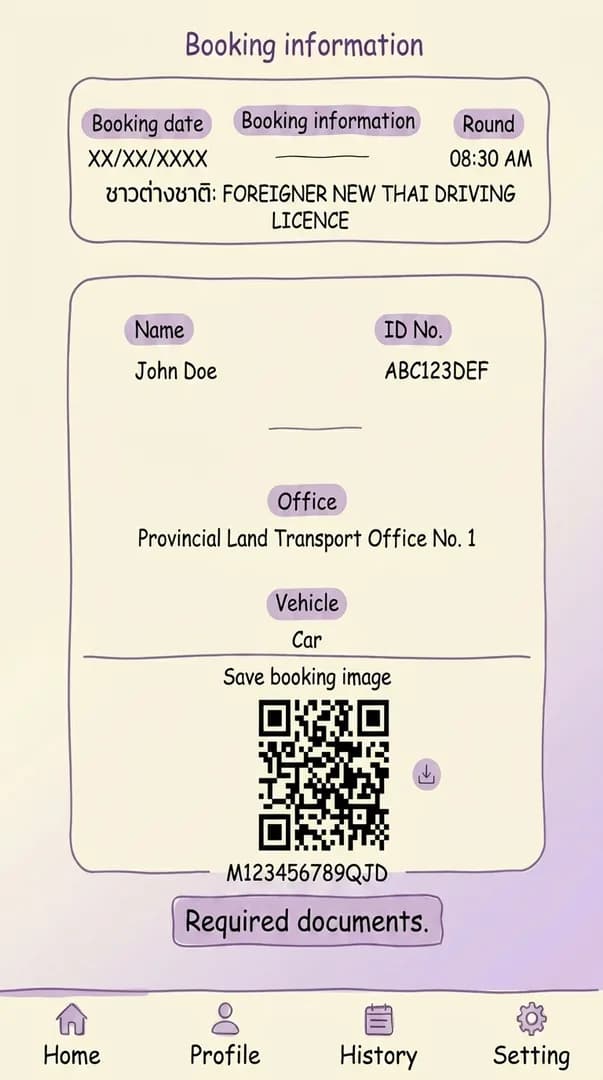 DLT app booking detail screen showing appointment information and a clear QR code at the top.