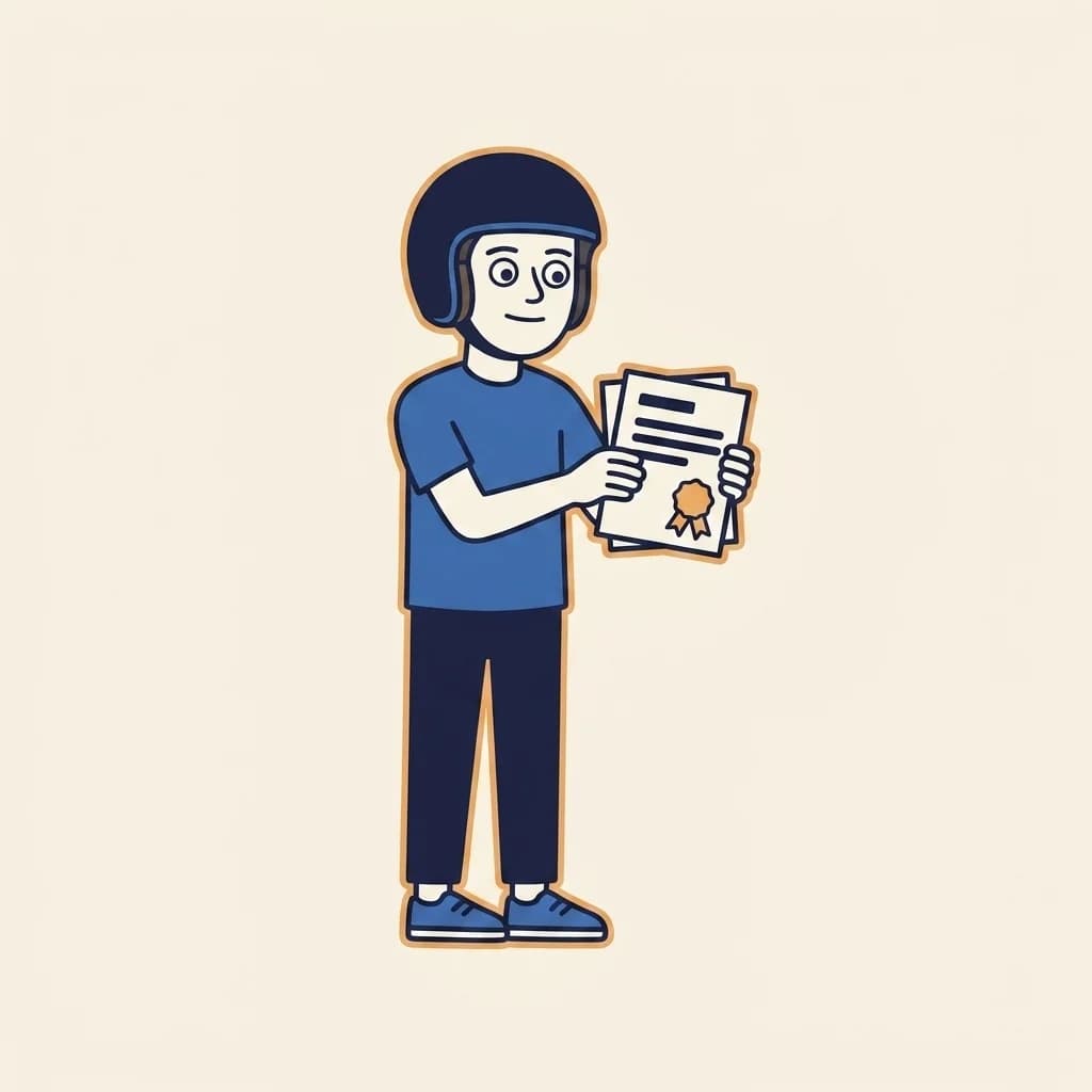 Mascot pointing at a small stack of two A4 sticker sheets — one with abstract Thai-style script and one with abstract Latin-script text — bound together by a warm-orange ribbon stamp.