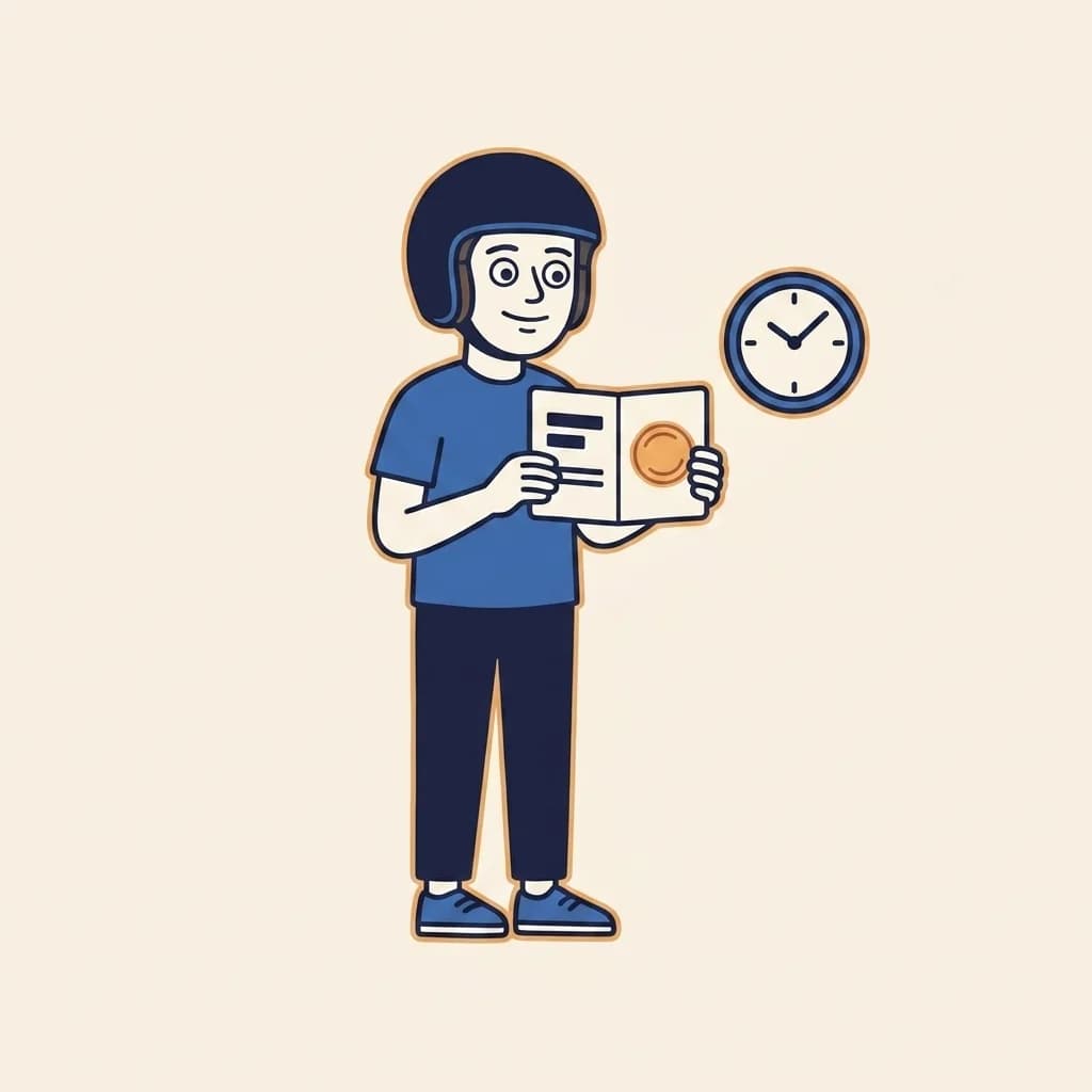 Mascot holding up an open passport sticker with a small warm-orange entry-stamp roundel visible on the page and a small navy clock badge floating beside it.
