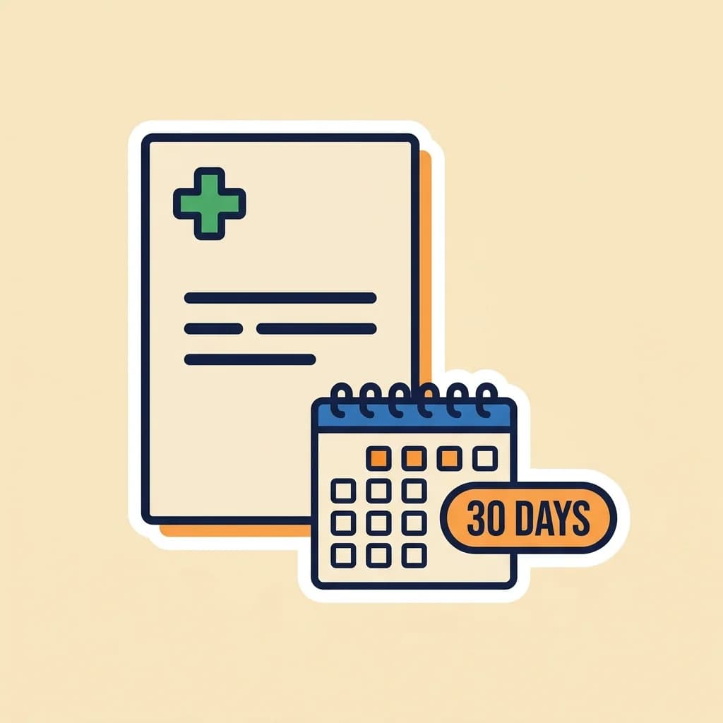 Sticker A4 medical-certificate sheet with a green medical-cross icon and a small wall calendar showing a 30-day window, paired with a warm-orange pill badge reading '30 DAYS'.