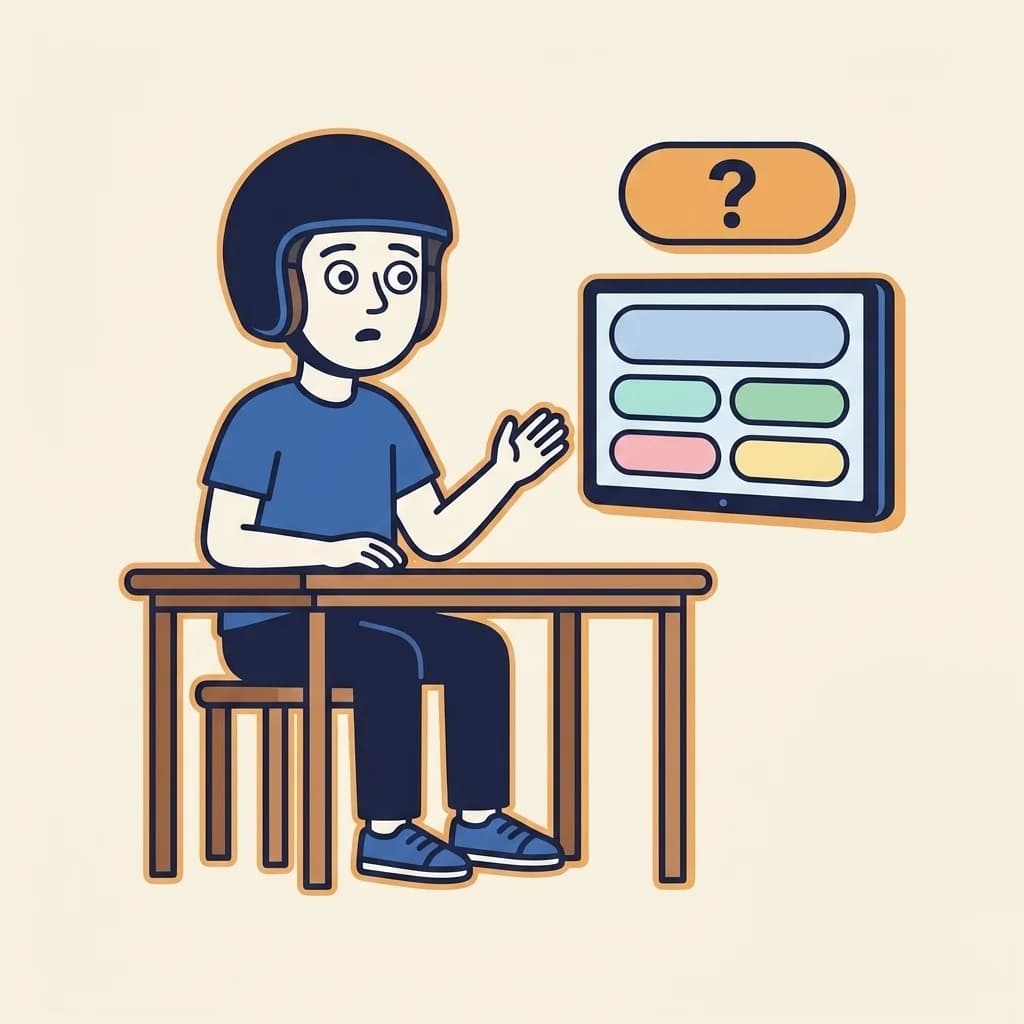 Mascot sitting at a small desk with a wall monitor showing a stylised multiple-choice quiz; a small warm-orange '?' pill badge floats above the monitor signalling that whether the theory test applies depends on the branch.