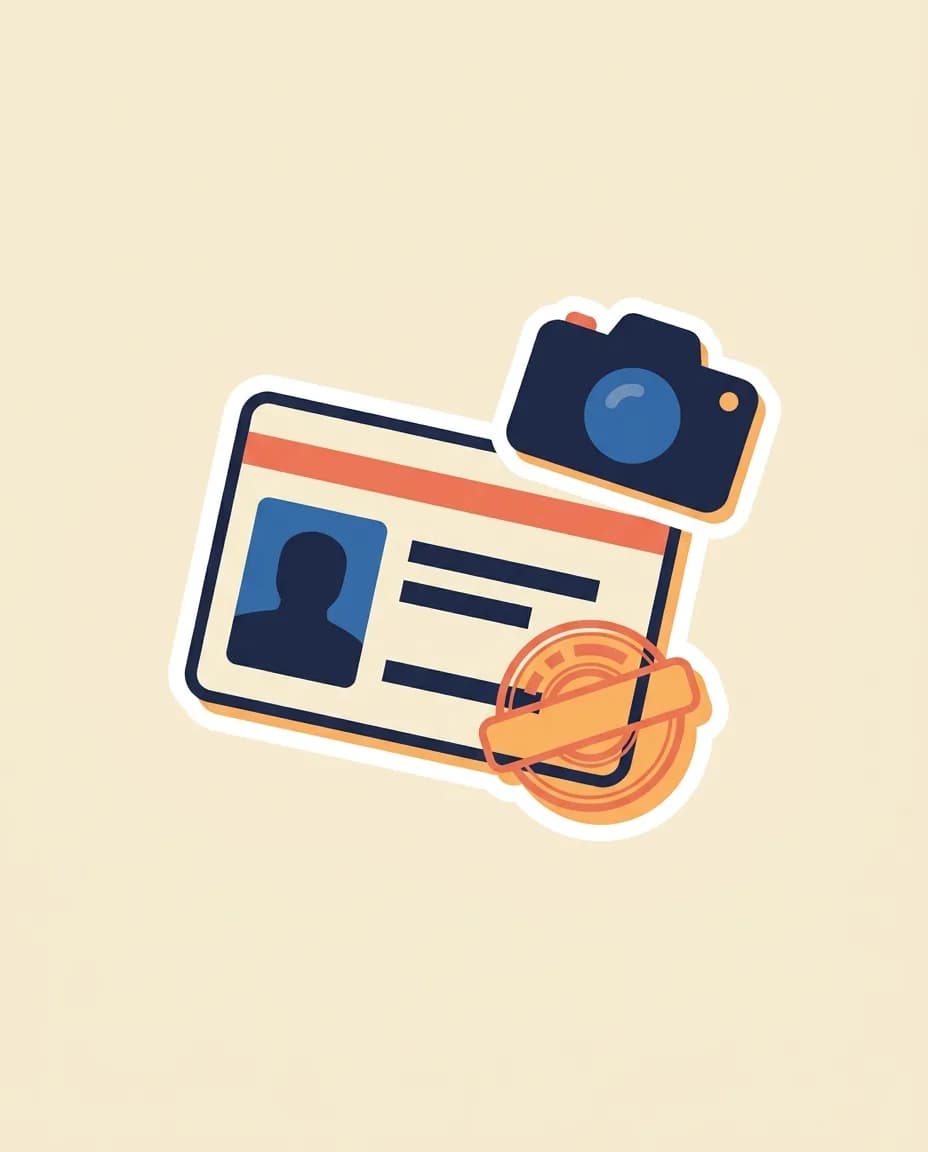 Sticker scene of a freshly printed Thai driver-licence card with a warm-orange portrait-stripe, a small navy portrait-window, and a warm-orange round stamp impression across the lower corner, with a small flat camera sticker tucked behind the card.