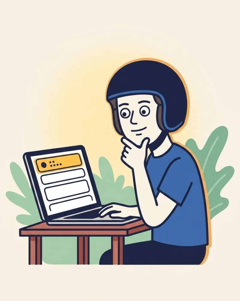 Mascot at a small laptop with a generic abstract multiple-choice layout on screen, finger resting at the chin in a thoughtful 'decoding' pose.
