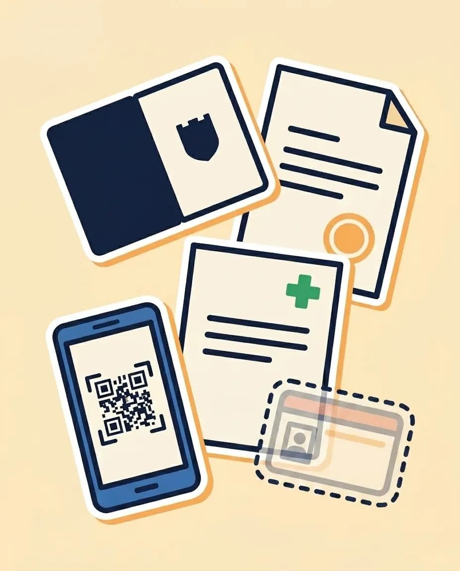 Flat-lay of the required documents as stickers: open passport, an A4 sheet with a round orange stamp (residence certificate), an A4 sheet with a green medical cross (medical certificate), a smartphone showing a QR code, and an outlined plastic-card driver's licence to indicate it is optional.