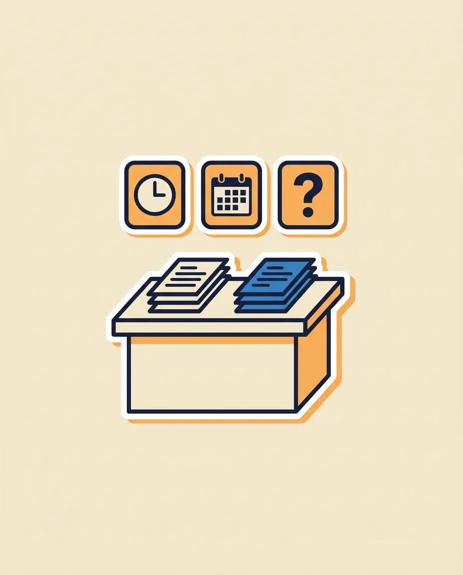 A small DLT-counter sticker with two slightly different document stacks (navy and blue) on top, and three small orange tags above it — a clock, a calendar, and a question mark — representing branch-specific timing, schedules, and unknowns.