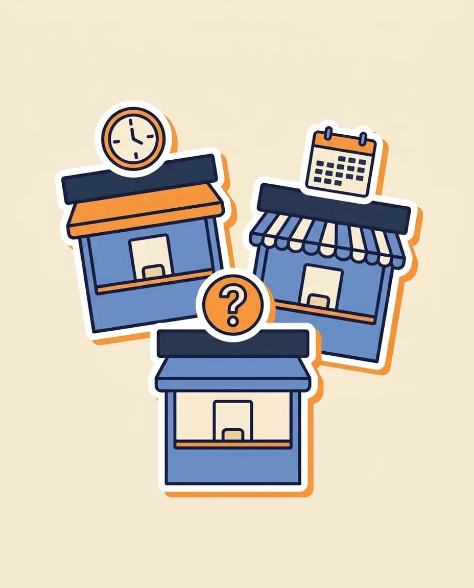 Three different DLT counter-front stickers arranged in a loose triangle — one with a warm-orange awning, one with a navy striped awning, one plain blue — each topped with a distinct small icon (clock, calendar page, and a warm-orange question-mark roundel) to convey that each branch has its own quirks.