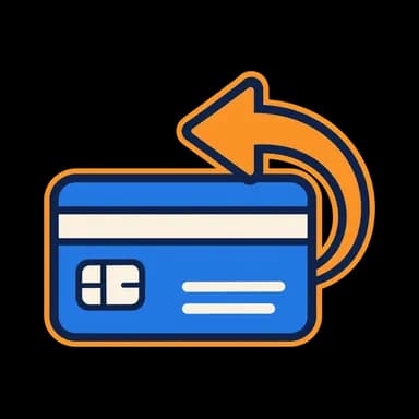 Blue payment card with an orange refund arrow.