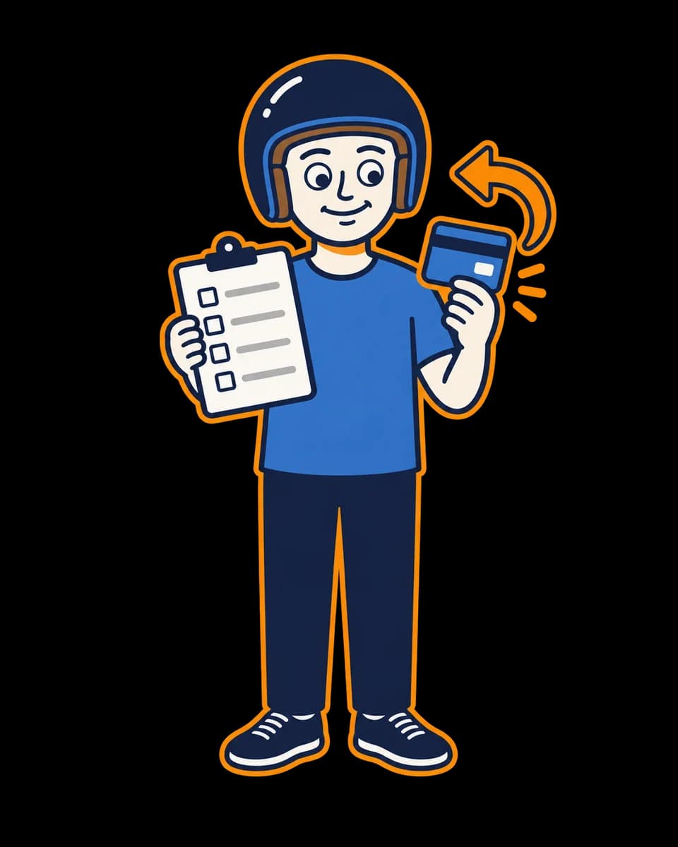 Mascot holding a checklist and a payment card linked by a return arrow.