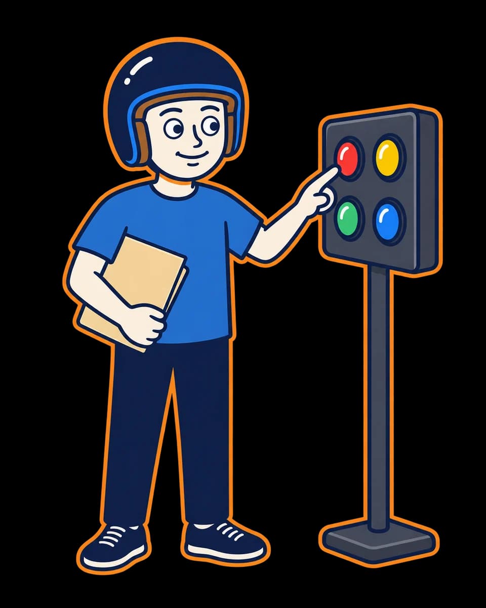 Mascot with a document folder beside a reaction-test light panel.