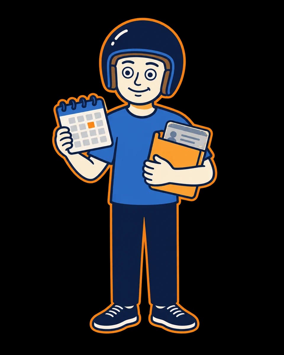 Mascot holding a renewal calendar and a worn abstract licence card.
