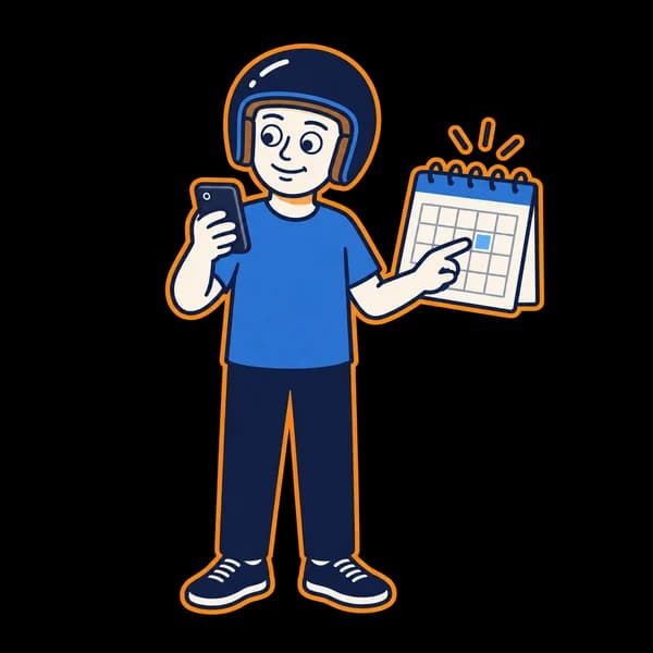 Mascot holding a phone beside an appointment calendar.