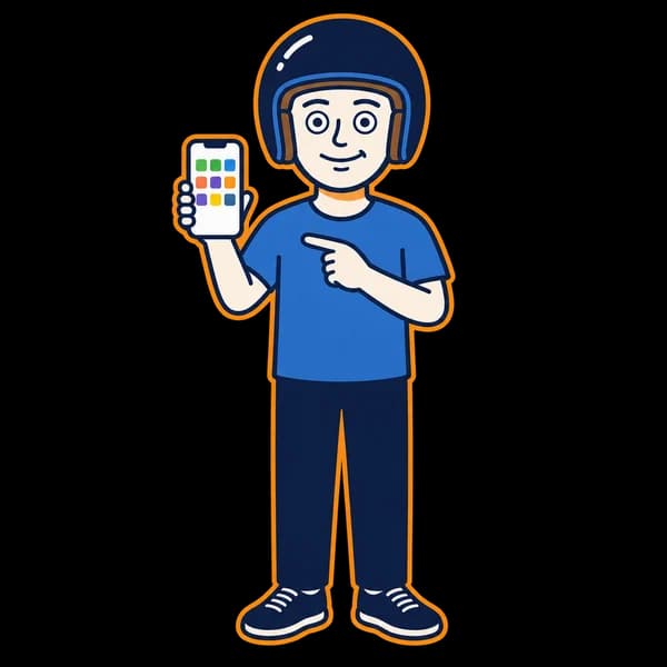 Mascot pointing to a generic app icon on a phone.