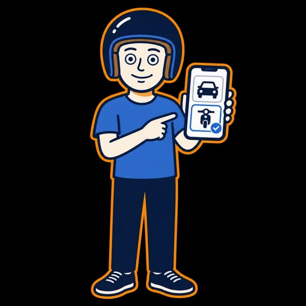 Mascot pointing to car and motorcycle options on a phone.
