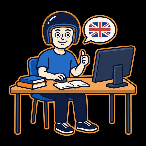 Mascot at a computer beside an English-language speech bubble.