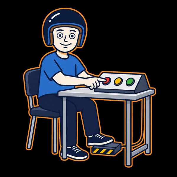 Mascot pressing a reaction-test button while seated at a pedal.