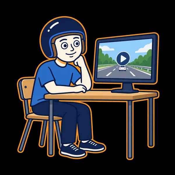 Mascot watching a road-safety video at a desk.