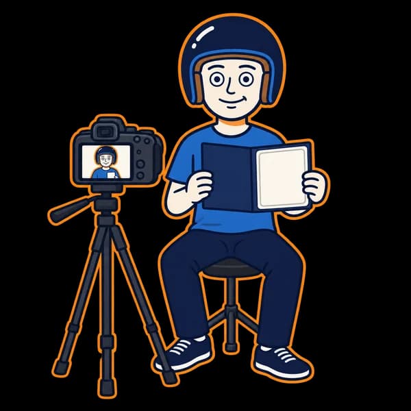 Mascot seated beside a camera, holding a blank card.