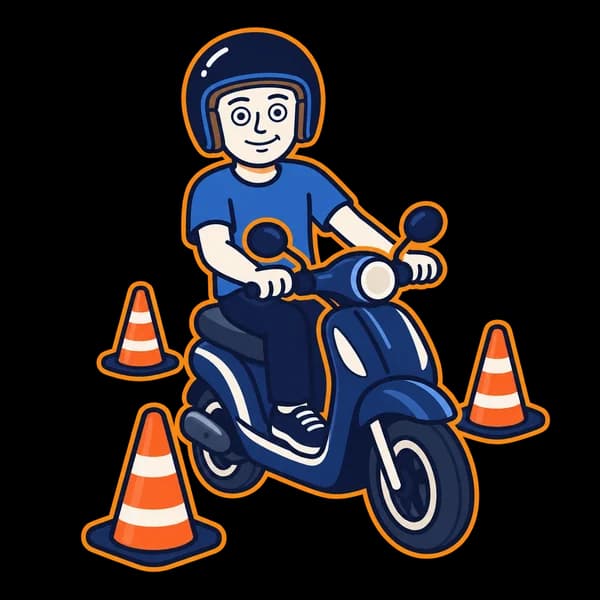 Mascot riding a navy scooter between practice cones.