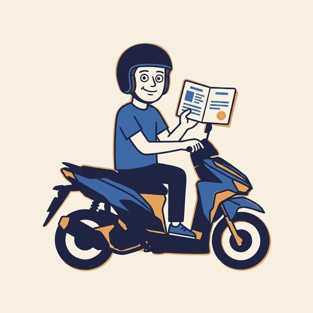 Mascot holding up an open sticker passport at chest height with both hands, with a small warm-orange entry-stamp roundel visible on the right page.