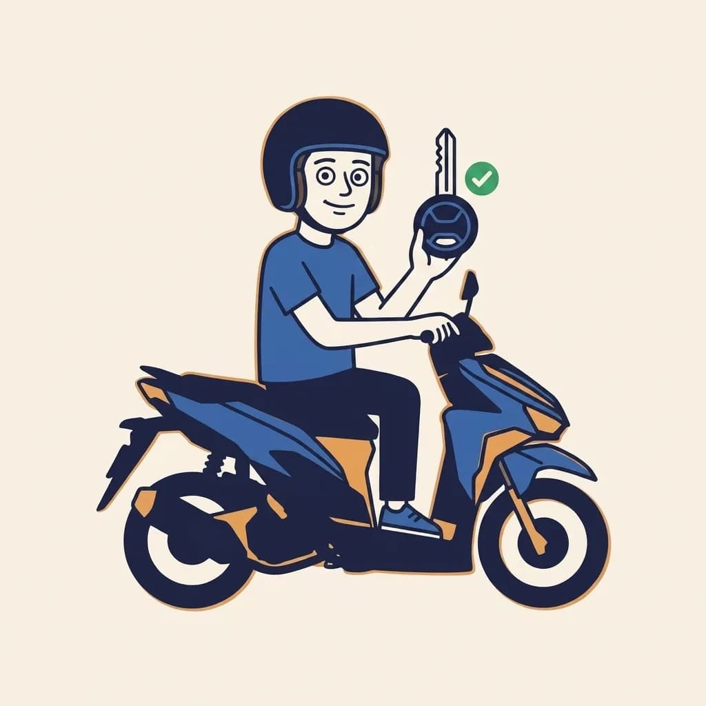 Mascot holding up a stylised navy motorcycle key sticker at chest height with a small green check-mark badge beside the key head.
