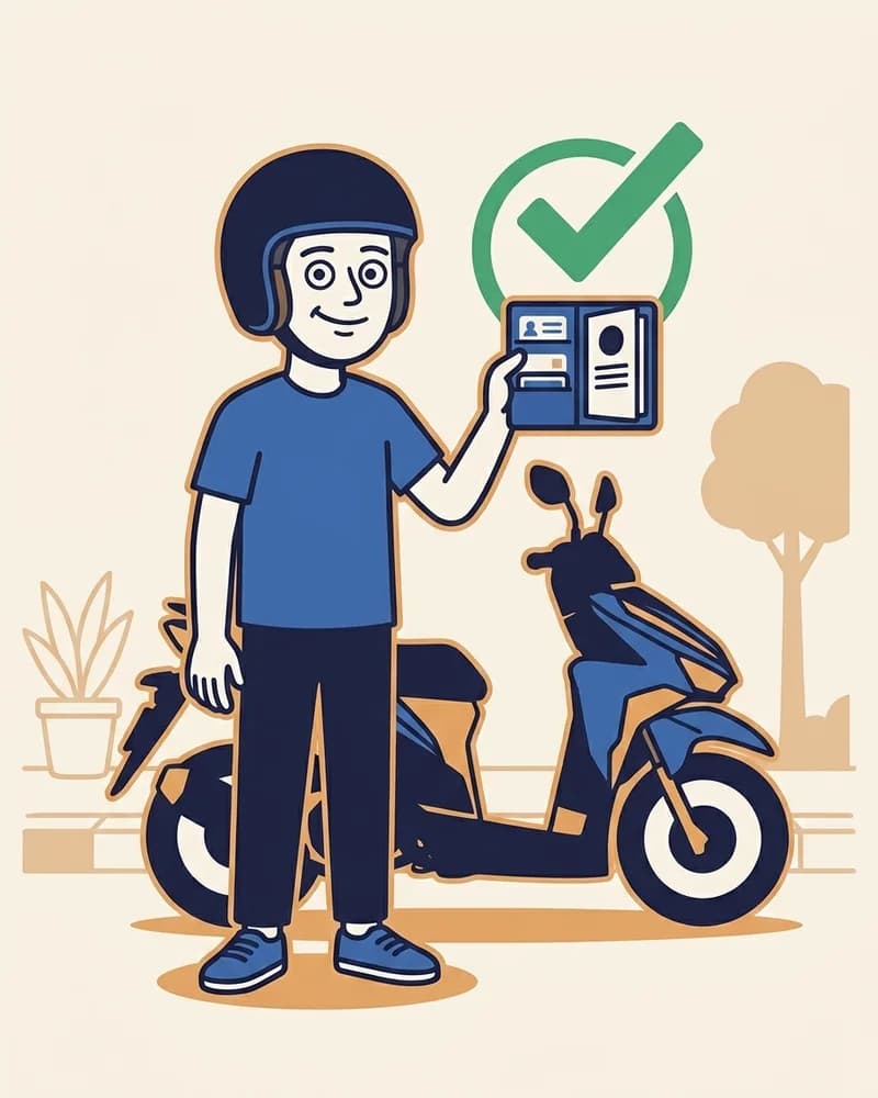 Prepared foreign rider beside a safely parked scooter holding an organised document wallet.