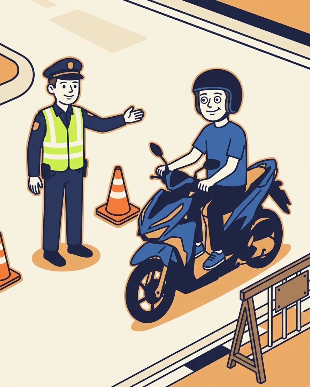 Foreign driver stopping calmly beside cones at a generic Thai roadside traffic checkpoint.