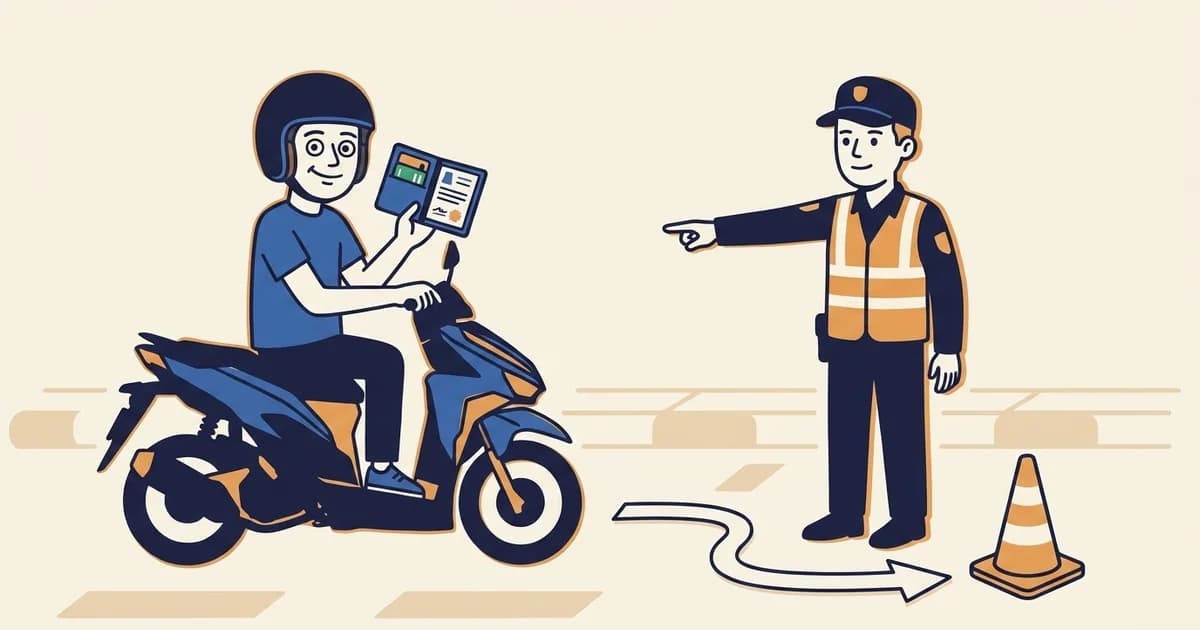 FarangDrive illustration of a calm Thai traffic checkpoint checklist for foreign drivers.