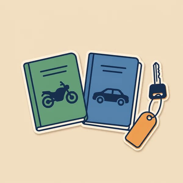 Green motorcycle and blue car registration booklets shown beside a vehicle key.