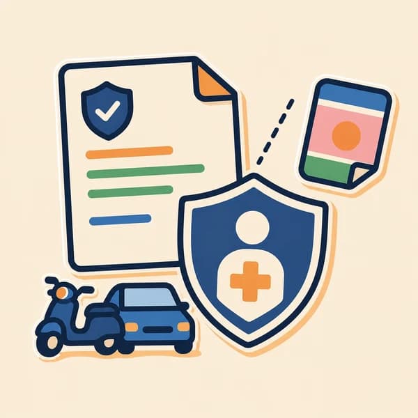 Generic accident-insurance certificate and safety shield beside car and scooter symbols.