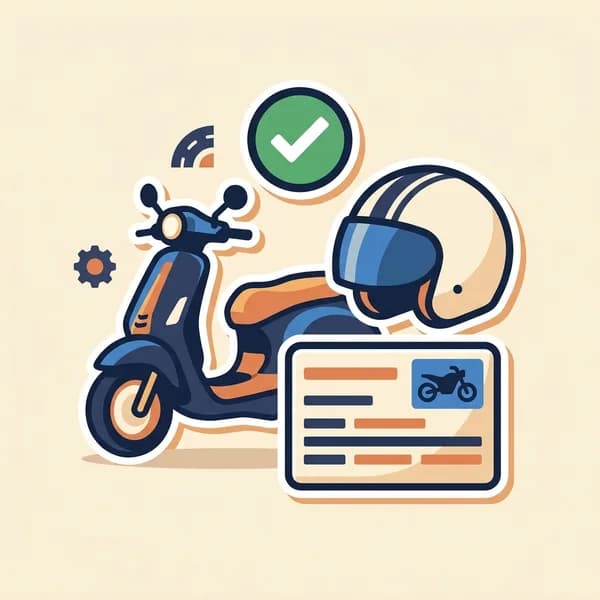 Scooter, helmet, and generic motorcycle-category licence card.