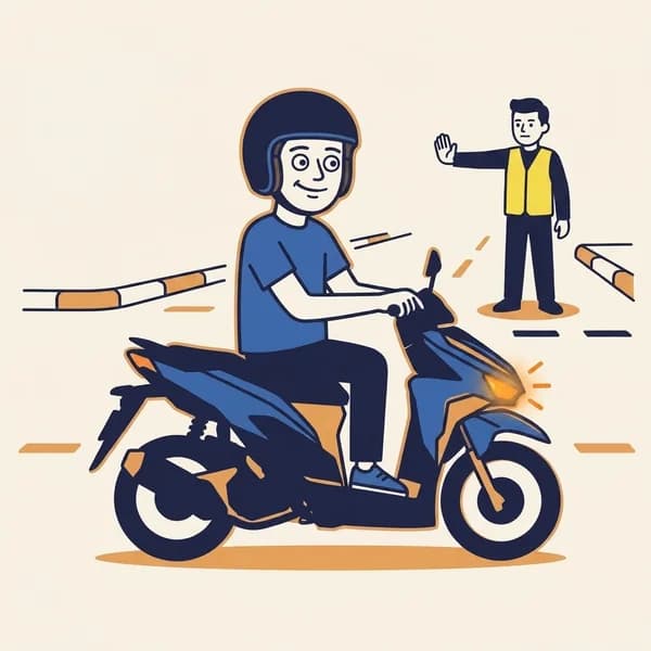 Foreign rider slowing and signalling while a generic traffic officer gives a clear stop gesture.
