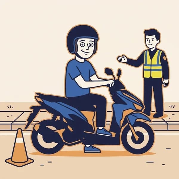 Small scooter parked safely on the shoulder beside a cone at a calm roadside checkpoint.