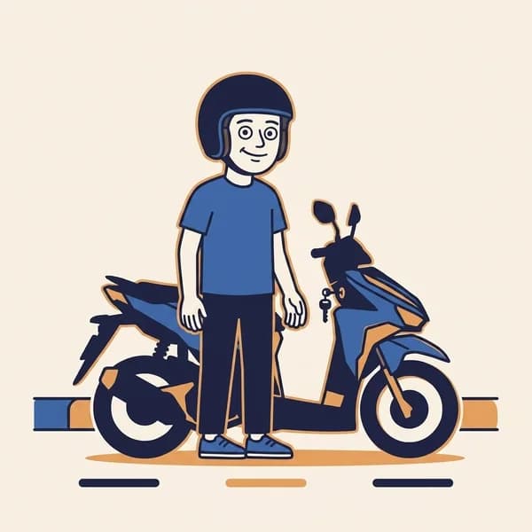 Calm foreign rider waiting beside a switched-off scooter with both hands clearly visible.
