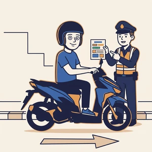 Foreign driver listening while a generic traffic officer points to a written next-step document.
