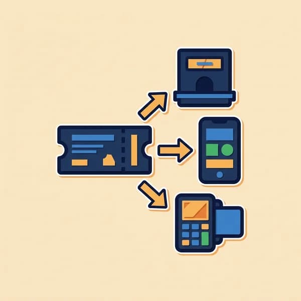 Generic ticket connected to official counter, phone, and payment terminal symbols.