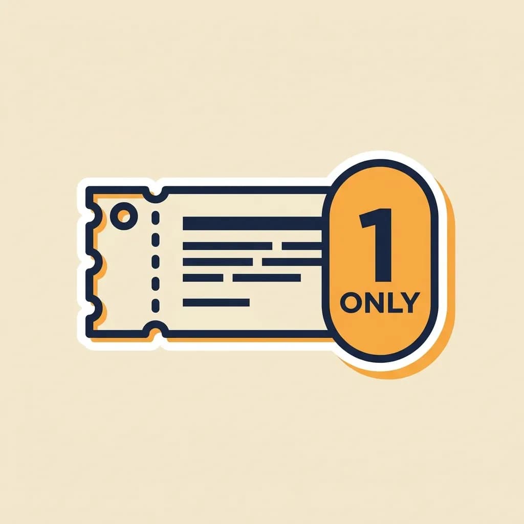 Single ticket-stub sticker with notched perforated edge beside a '1 ONLY' pill badge.