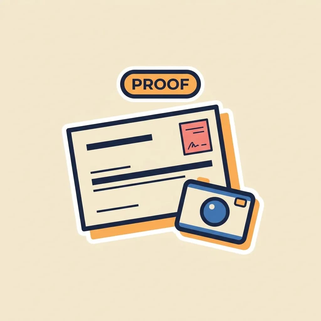 DLT result-slip sticker with a small fail-stamp in the corner and a flat camera-icon sticker on top, beside a 'PROOF' badge.