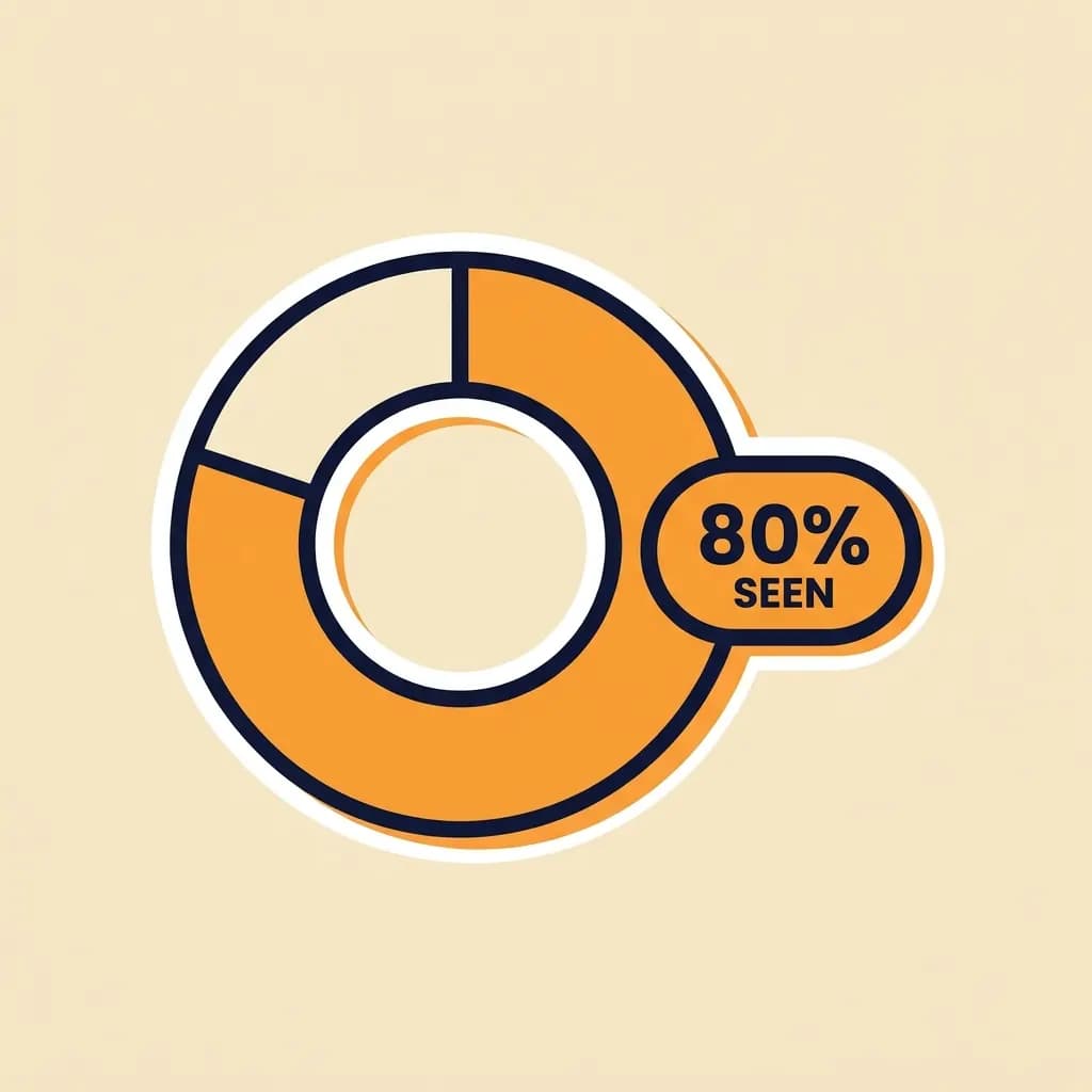 Donut-pie chart sticker filled 80% warm-orange, beside a '80% SEEN' pill badge.