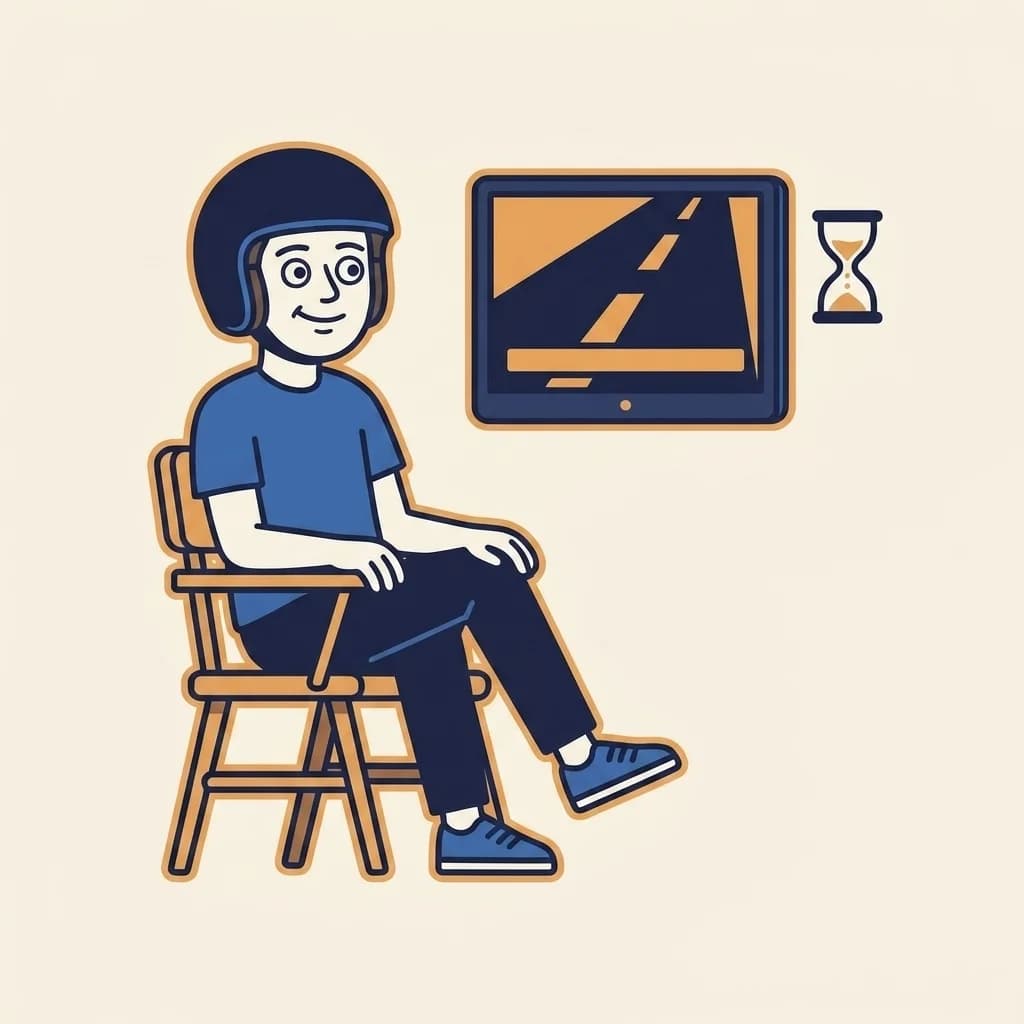 Mascot sitting in a chair watching a small wall-mounted TV with a road scene, a small navy hourglass icon floating beside the TV.