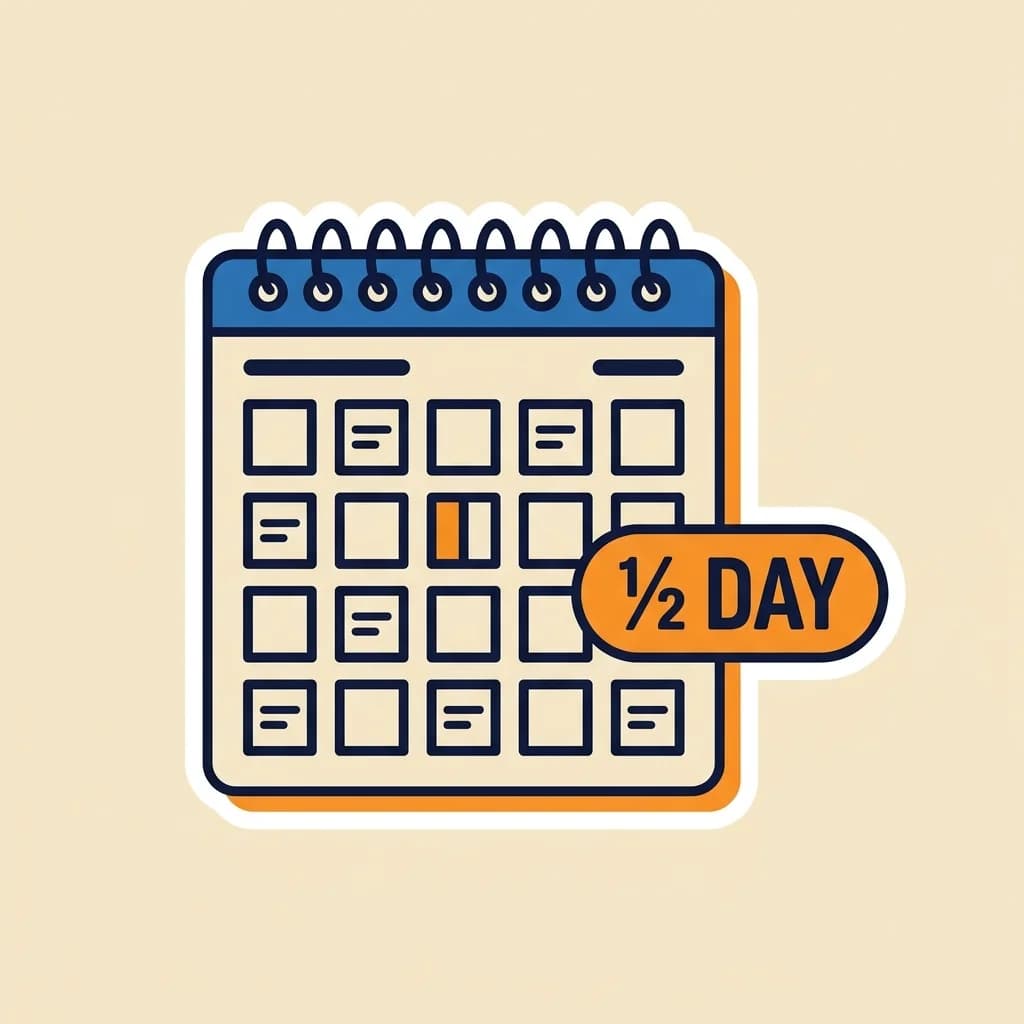 Sticker wall calendar with one cell split half warm-orange and half cream, beside a warm-orange pill badge reading '½ DAY'.