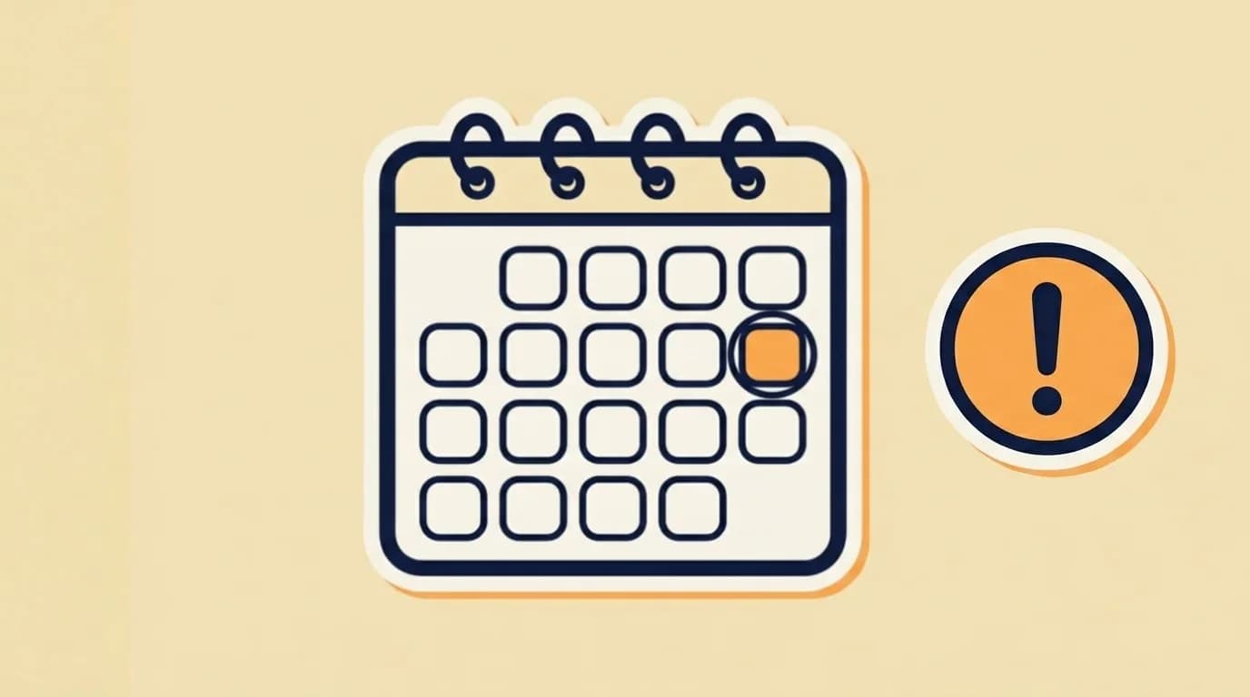 Sticker wall calendar with one warm-orange-filled day-cell on the right of the grid and a warm-orange round exclamation-mark badge floating to the right.