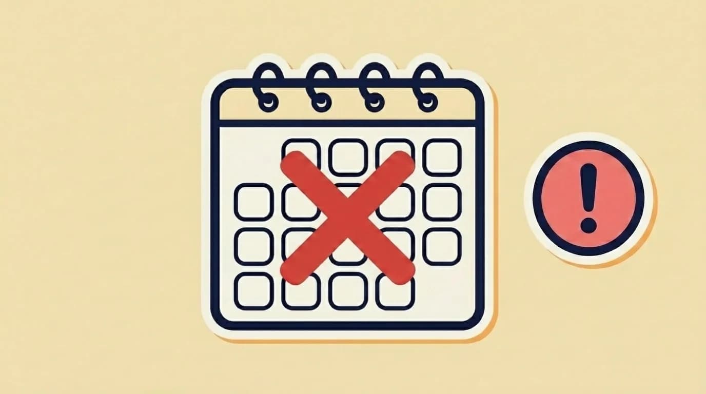 Sticker wall calendar with a large soft-red 'X' stroke covering most of the grid and a soft-red round exclamation-mark badge floating to the right.
